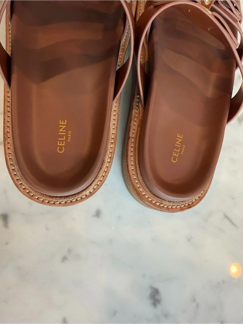Celine Brown Leather Triple-Strap Slide Sandals size 39/8